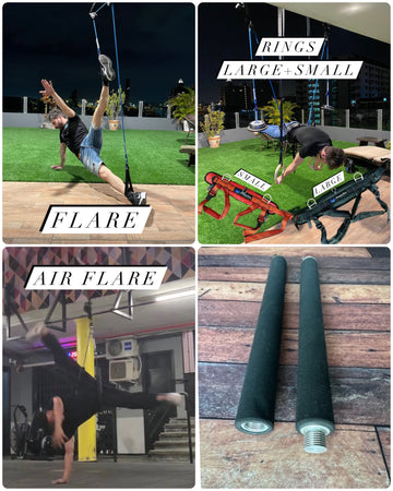 BUNDLE 8 ( SAVE 255 USD) muscle up bar+ air flare  + flare + rings system( large and small harness)