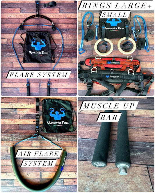 BUNDLE 8 (HEMAT 255 USD) muscle up bar + air flare  + flare + ring system(harness besar dan kecil)