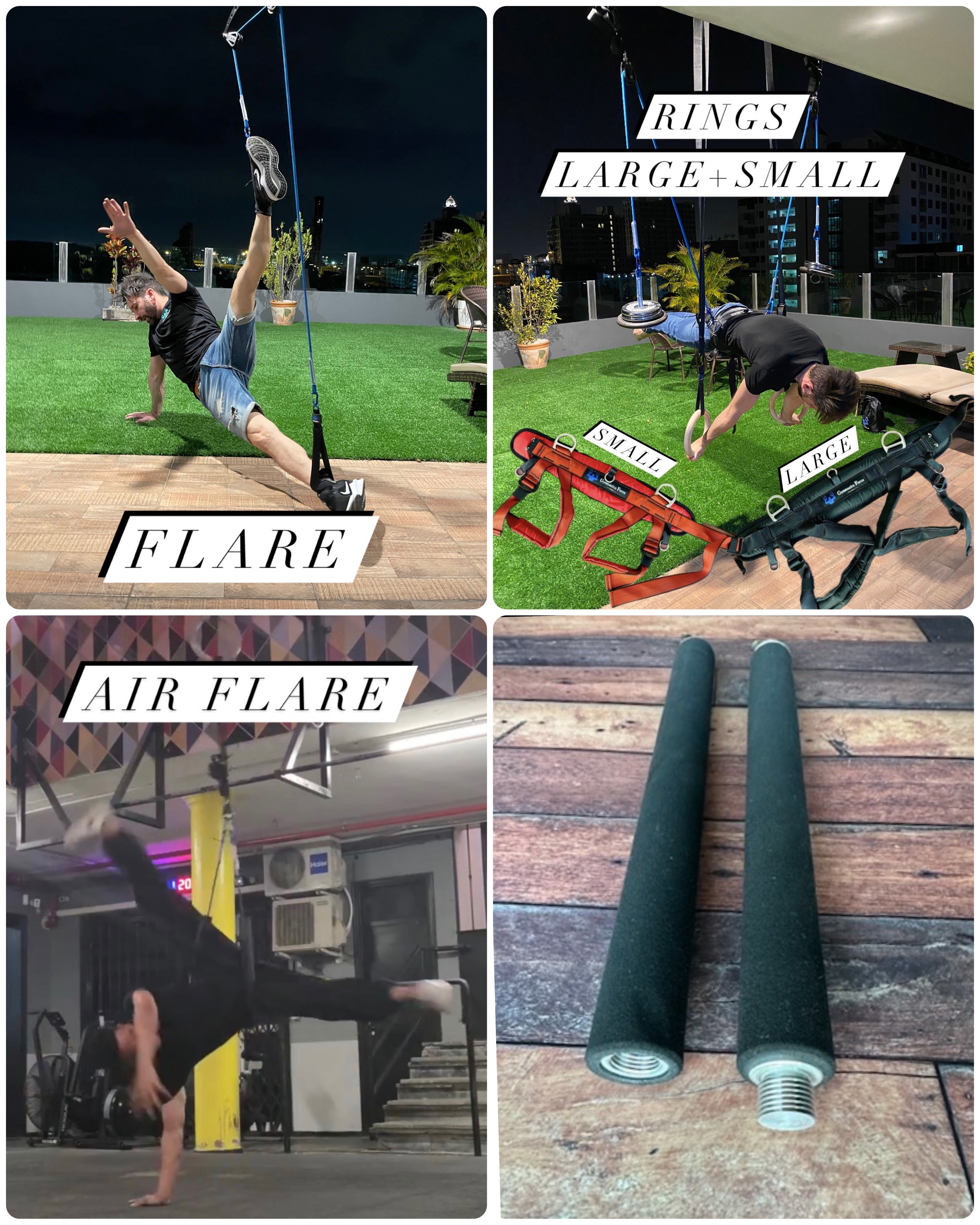 BUNDLE 8 ( SAVE 255 USD) muscle up bar+air flare  +flare + ringssystem( large and small harness)